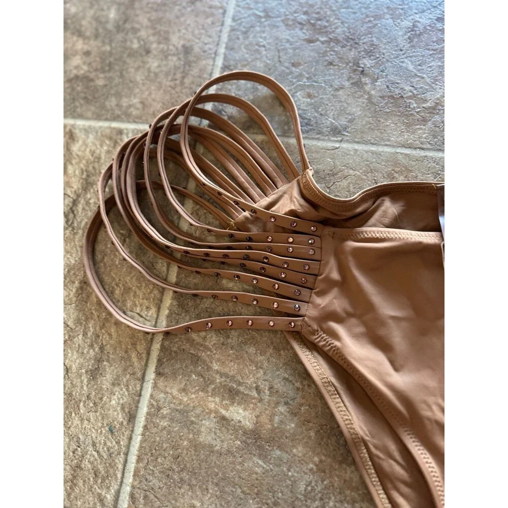 Skims Rhinestone Swim Strappy Bikini Bottom Almond Size 4X